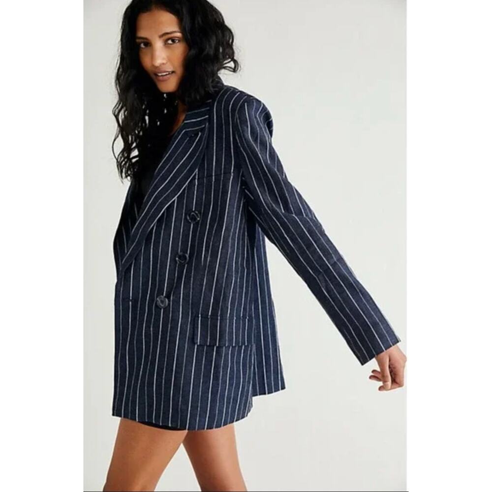 Free People Ashby Navy Blue Pinstripe Oversized Double Breasted Blazer Size M
